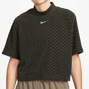 Nike Everyday Modern Allover Jacquard Boxy Olive Green Blue Center Swoosh Crop T